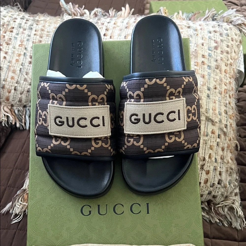 Gucci Brown and Beige Monogram Slide Sandals - Picture 1 of 7